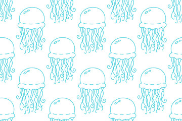 Seamless pattern with turquoise jellyfish in cute line style. Perfect for ocean-themed designs, kids' fabrics, wrapping paper, and summer decorations.

