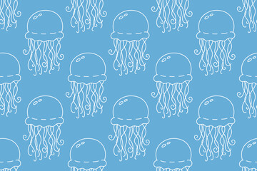 Seamless ocean-themed pattern with cute white jellyfish on blue background. Ideal for kids’ textiles, summer wrapping paper, and marine surface designs.

