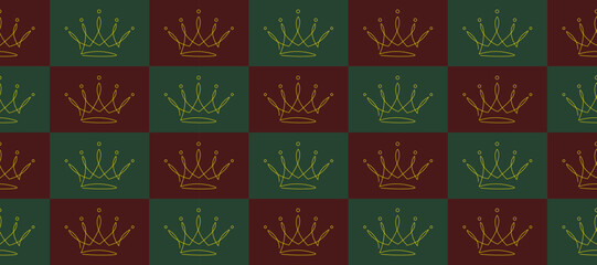 Elegant seamless crown pattern with golden outlines on maroon and dark green checkered background. Perfect for luxury packaging, fashion prints, and royal-themed textile.

