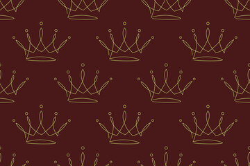 Elegant seamless crown pattern with golden one-line outlines on burgundy background. Perfect for luxury fabric, fashion prints and royal-themed designs.

