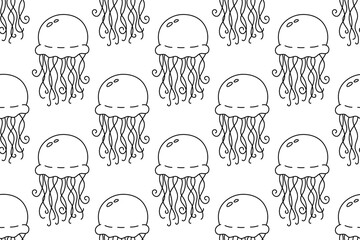 Seamless jellyfish pattern in line art style with transparent background. Cute marine design ideal for kids fabrics, ocean themes, and playful summer prints.

