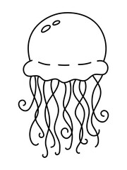Cute jellyfish line drawing in black on white background. Minimalistic and elegant, perfect for ocean-themed designs, children's decor, and educational materials.

