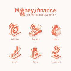 Modern 3D isometric finance and money illustration Icon set. contain Donation, Wallet, Saving, EDC payment, Growth, and Investment Icon
