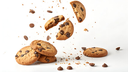 Flying cookie pieces and bite-marked chocolate snack on white background, great for creative food branding and design.
