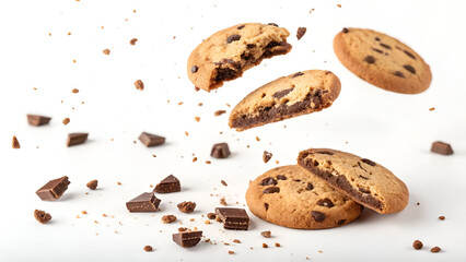 Flying cookie pieces and bite-marked chocolate snack on white background, great for creative food branding and design.