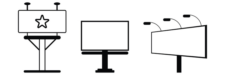Billboard advertising icon set with various street and highway signage display vector illustration in minimal outline style.