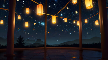 Christmas lights illuminate the city, with a glowing Christmas tree under a starry winter night sky