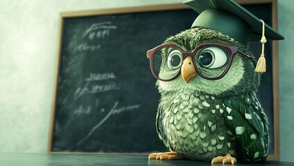 A Wise Owl Graduate:  A 3D Render of an Owl in Graduation Cap and Glasses near a Chalkboard