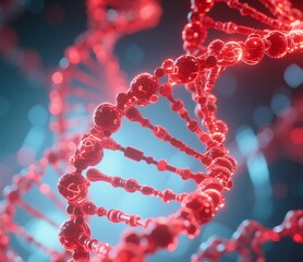 Generative ai image of DNA sequences and molecules with red glowing effect