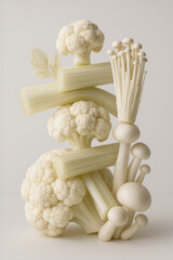 Cauliflower, celery stalks, and enoki mushrooms arranged in vertical balance on white background. Studio food monochrome still life. Healthy eating and seasonal harvest concept. 