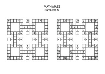 Math Maze No.2 for smart kids. Easy. Mixed Addition and subtraction 0-20 for preschool children. Kindergarten and primary school. Math Labyrinth	
