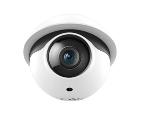 Small, round security camera.  Compact, dome-shaped design for indoor or outdoor use.  High-quality lens for clear images