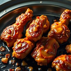 Golden-brown, crispy chicken pieces, glistening with rendered fat, arranged artfully on a sizzling platter.  Aromatic steam rises, carrying the tantalizing scent of herbs and spices...