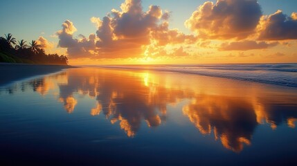 Sunrise reflecting on a tranquil beach.