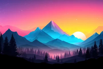 Gordijnen Mountains and forest landscape at sunset. Generative Ai illustration © ArtmediaworX