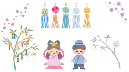 七夕のイラスト素材セット　水彩風