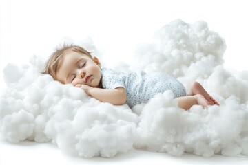 Baby sleeps peacefully on cloud with white background