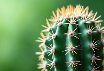 Closeup of a cactus with a lot of spines is in the foreground of a green background