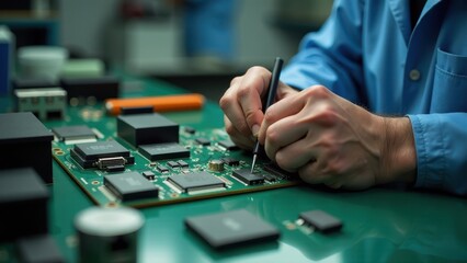 Technician skillfully works on a circuit board with precision tools, highlighting advanced technology and electronics assembly