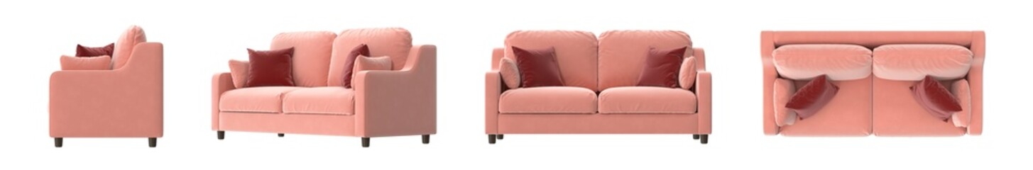 A series of four images of a pink sofa with pillows. The sofa is shown in different positions