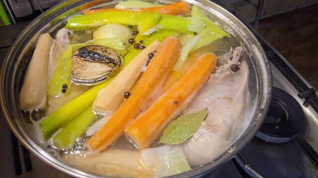 This video shows a simmering pot of chicken soup, or "Ros&oacute;ł" in Polish, with visible pieces of chicken, carrots and leeks, celery, roasted onions, and other vegetables that make up the broth.