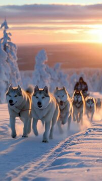 Husky Dog Sled Team Runs Through a Snowy Winter Wonderland at Sunset