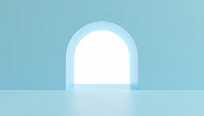 Minimalist blue room with an arched doorway filled with bright white light.