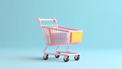 A pastel pink shopping cart with a yellow front panel stands empty against a light blue background.