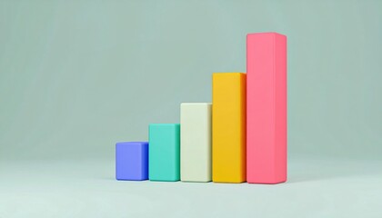 A colorful 3D bar graph with five ascending rectangular bars on a plain background.