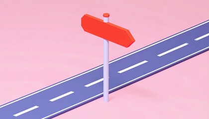 A minimalist illustration of a road with a blank red signpost on a pink background.