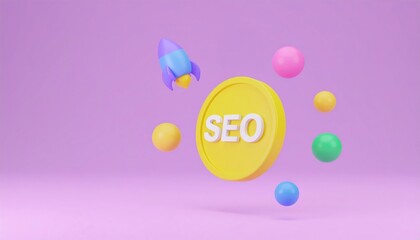 A 3D yellow coin with "SEO" text is surrounded by colorful spheres and a rocket on a purple background.