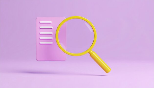 A large yellow magnifying glass examines a pink document icon on a pastel purple background.