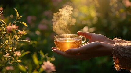 Lifestyle portrait environmental wellness herbal tea ritual garden setting hands holding cup steam rising soft light peaceful moment storytelling self care clarity nature healing warmth authenticity