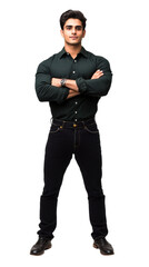 Indian man poses confidently with arms crossed, cut out transparent