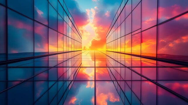 Ultra-modern architectonic marvel with glass facades reflecting a vibrant sunset and dramatic skies blending urban innovation with nature's beauty