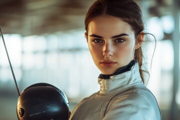 Focused female fencer in uniform holding fencing sword