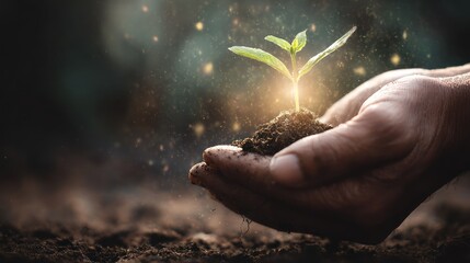 Hand holds soil with a small plant seedling and glowing light effect.