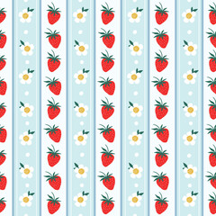 Vintage coquette seamless pattern with strawberries and flowers, striped wallpaper, summer background
