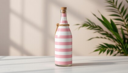 pink and white striped glass bottle mockup with cork and rope packaging template studio light minimal product display nautical lifestyle branding concept