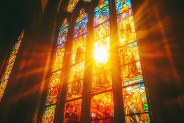 Sunlight Through Stained Glass Window Inside Gothic Church