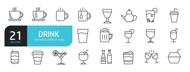 Set of line icons related to beverage, drink, water, alcohol. Editable stroke. Outline icons collection. Vector illustration stock illustration
