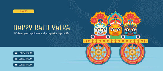 Indian festival Ratha Yatra holiday banner. Lord Jagannath, Balabhadra and Subhadra on decorative chariot with patterned wheels