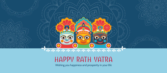 Happy Rath Yatra holiday background celebration. Lord Jagannath, Balabhadra and Subhdra. Indian religious festival celebration