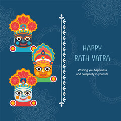 Indian festival Ratha Yatra of Lord Jagannath, Balabhadra and Subhadra holiday banner. Flat style design