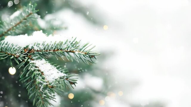Close-up shot evergreen branch dusted snow. Delicate snowflakes fall softly around needles, enhanced by diffused, warm bokeh lights. Evokes peace , season's subtle, understated beauty.
