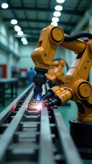 A robotic arm welds metal with precision in an industrial setting, showcasing advanced manufacturing technology at work