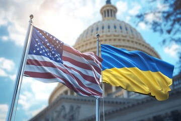 U.S. and Ukrainian Flags Waving in Front of Capitol with Airplane