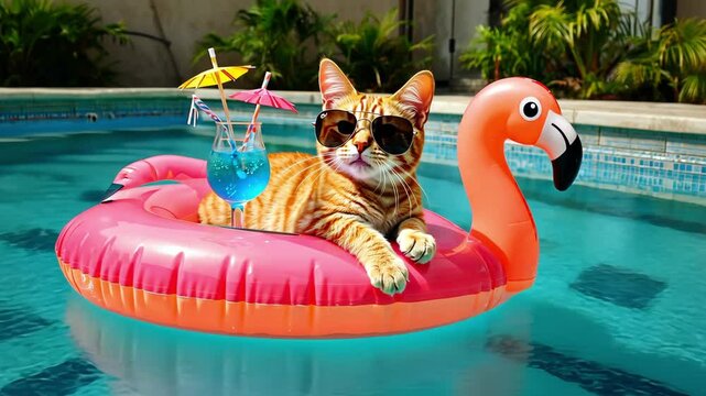Cheerful cat with glasses with cocktail and inflatable circle in pool