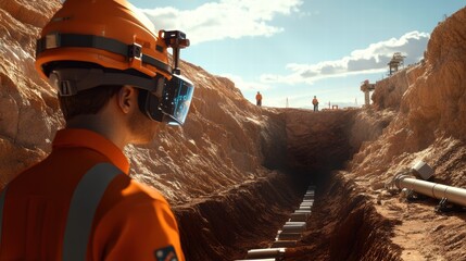 Construction Worker with VR Headset Overseeing Digging Operations