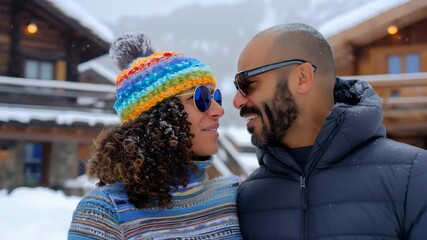 A couple with sunglasses smiles at each other while snow falls. The woman has a colorful hat and the man wears a puffy jacket. They are outside a wood cabin on a winter day.